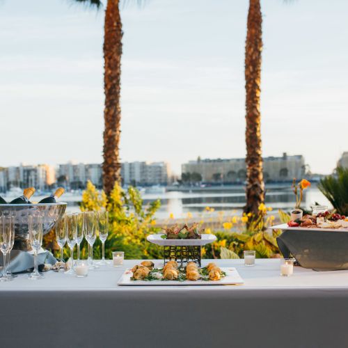 A lakeside buffet setup with a long table, white tablecloth, appetizers, bowls, glasses, and tall palm trees in the background overlooking water.