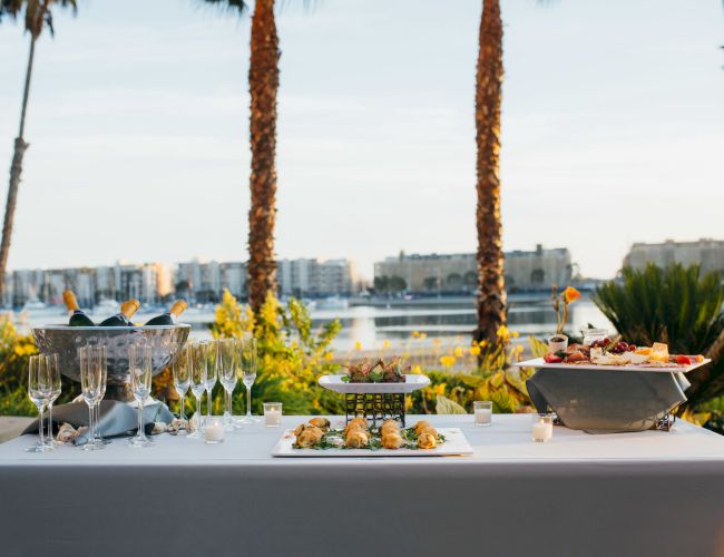 A lakeside buffet setup with a long table, white tablecloth, appetizers, bowls, glasses, and tall palm trees in the background overlooking water.