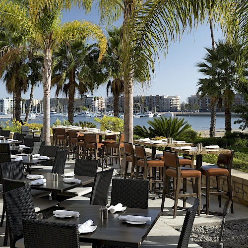A seaside restaurant patio with black tables and chairs, palm trees, and a water view under a sunny sky, outdoor dining setup.