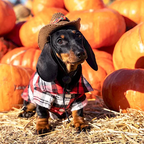A tiny black-and-tan puppy in a straw hat and plaid shirt stands among orange pumpkins, ready for fall.